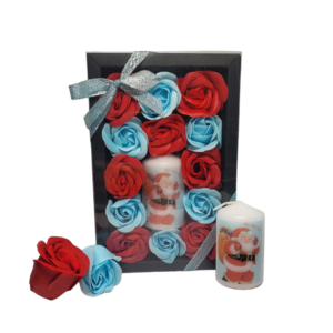 Boite noire de 13 roses de savon rouge et bleu avec bougie dessin père noël ho ho ho
