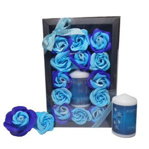 Boite noire de 13 roses de savon bleu et bleu tricolore avec bougie joyeuses fêtes de fin d'année