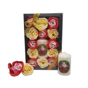 Boite noire de 13 roses de savon écru et rouge tricolore avec bougie père noël et joyeux noël