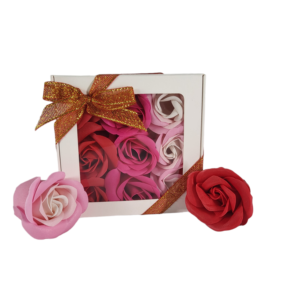 Boite blanche de 9 roses de savon alignées rouge rose foncé rose tricolore