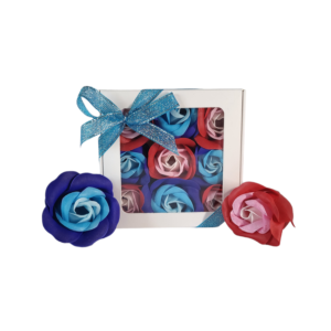 Boite blanche de 9 roses de savon en damier bleu tricolore et rouge tricolore