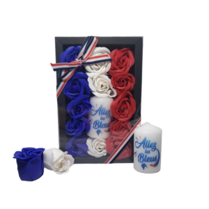 Boite noire de 13 roses de savon bleu blanc rouge avec bougie allez les bleus