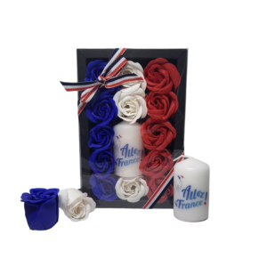 Boite noire de 13 roses de savon bleu blanc rouge avec bougie allez la France