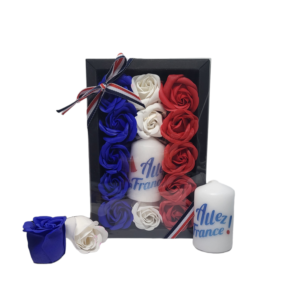 Boite noire de 13 roses de savon bleu blanc rouge avec bougie allez la france en bleu