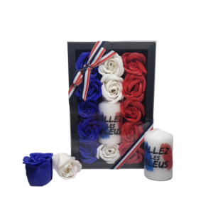 Boite noire de 13 roses de savon bleu blanc rouge avec bougie allez les bleus sur drapeau France