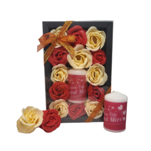 Boite noire de 13 roses de savon écru et rouge avec bougie fête des grand-mères