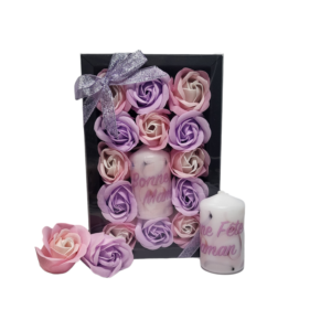 Boite noire de 13 roses de savon rose tricolore et violet clair avec bougie fête des mères