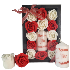 Boite noire de 13 roses de savon rouge et blanc avec bougie fête des mères