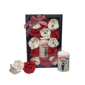 Boite noire de 13 roses de savon rouge et blanc avec bougie super atsem