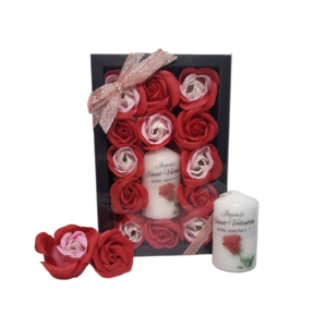 Boite noire de 13 roses de savon rouge et rouge tricolore avec bougie saint valentin