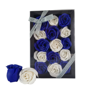 Boite noire de 15 roses de savon bleu foncé et blanc
