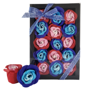 Boite noire de 15 roses de savon bleu tricolore et rouge tricolore