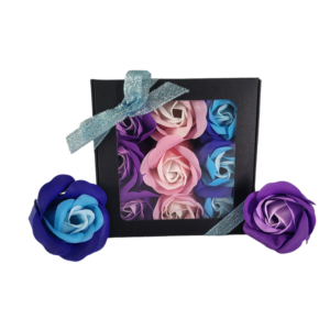Boite noire de 9 roses de savon alignées violet tricolore rose tricolore et bleu tricolore