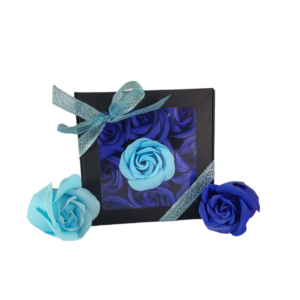 Boite noire de 9 roses de savon en carré bleu foncé et bleu clair