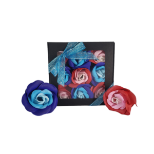 Boite noire de 9 roses de savon en damier bleu tricolore et rose tricolore