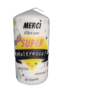 Bougie blanche remerciements super maitresse 11cm