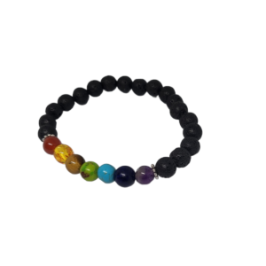Bracelet chakra 7 perles de 6mm multicolore et perles noir séparateur perlé