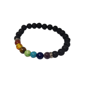 Bracelet chakra 7 perles de 8mm multicolore et perles noir séparateur crénelé