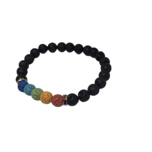 Bracelet chakra 5 perles de 8mm, multicolore et perles noir séparateur strass coloré